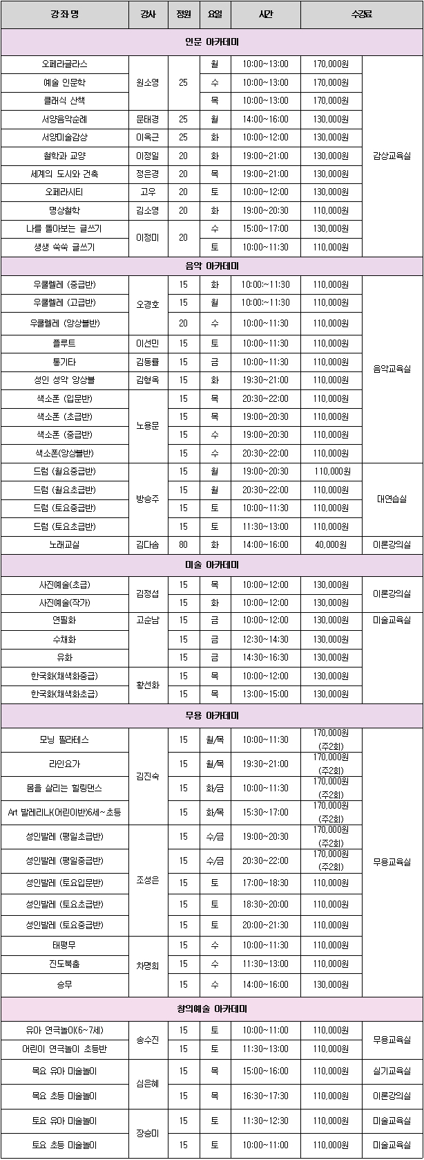 2016년 3학기 강좌리스트 및 시간표