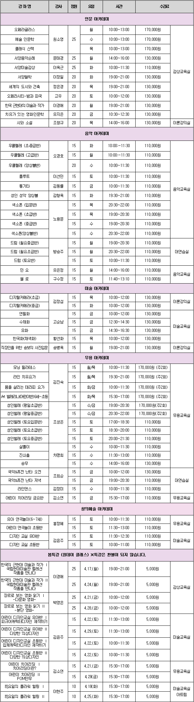2017년 2학기 강좌리스트 및 시간표