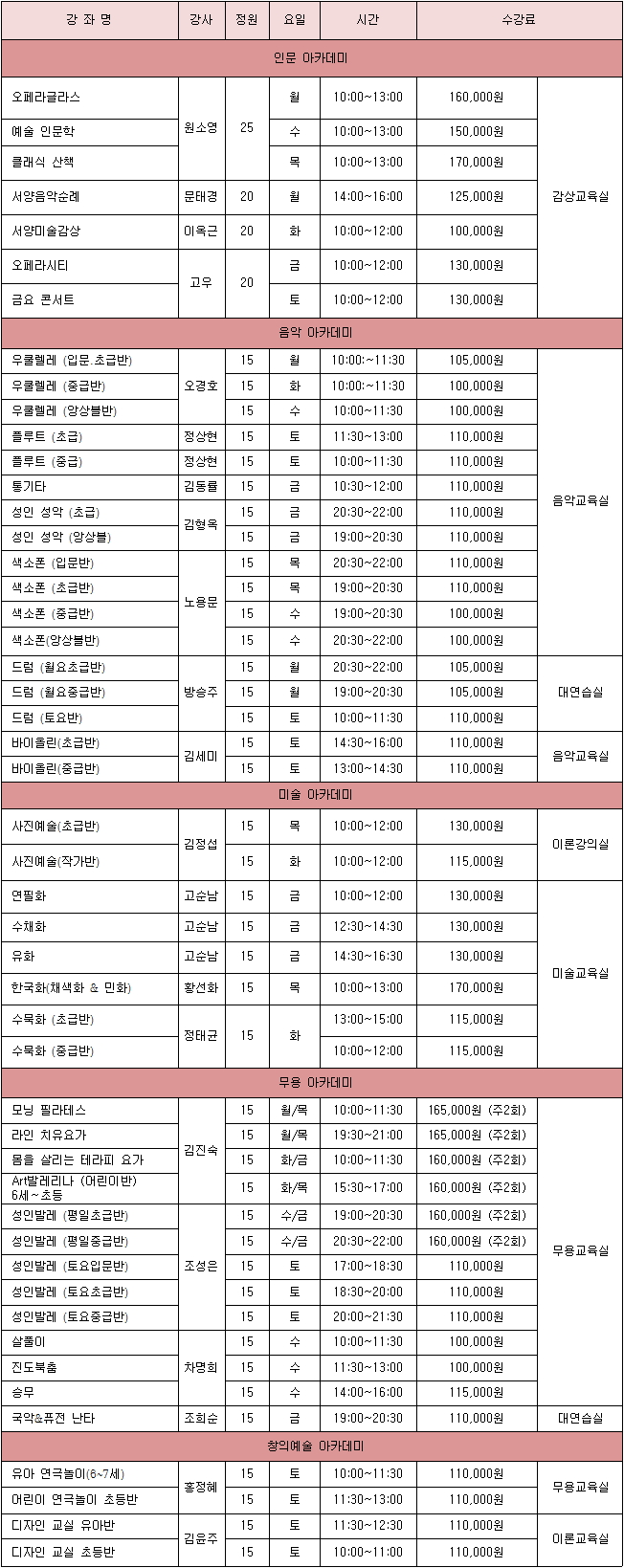 2018년 3학기 강좌리스트 및 시간표